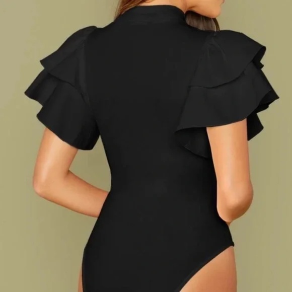 Classic Black Layered Ruffle Sleeve fitted Bodysuit - Picture 7 of 10